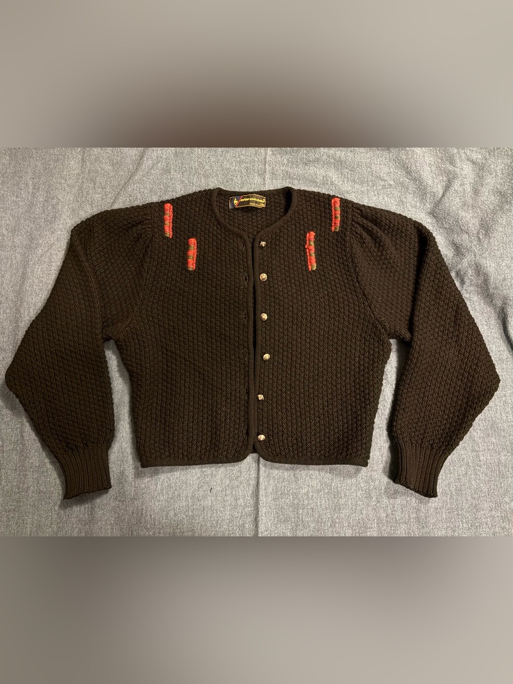 Vintage 100% Wool Cardigan Silver tone buttons with Red Green Accents